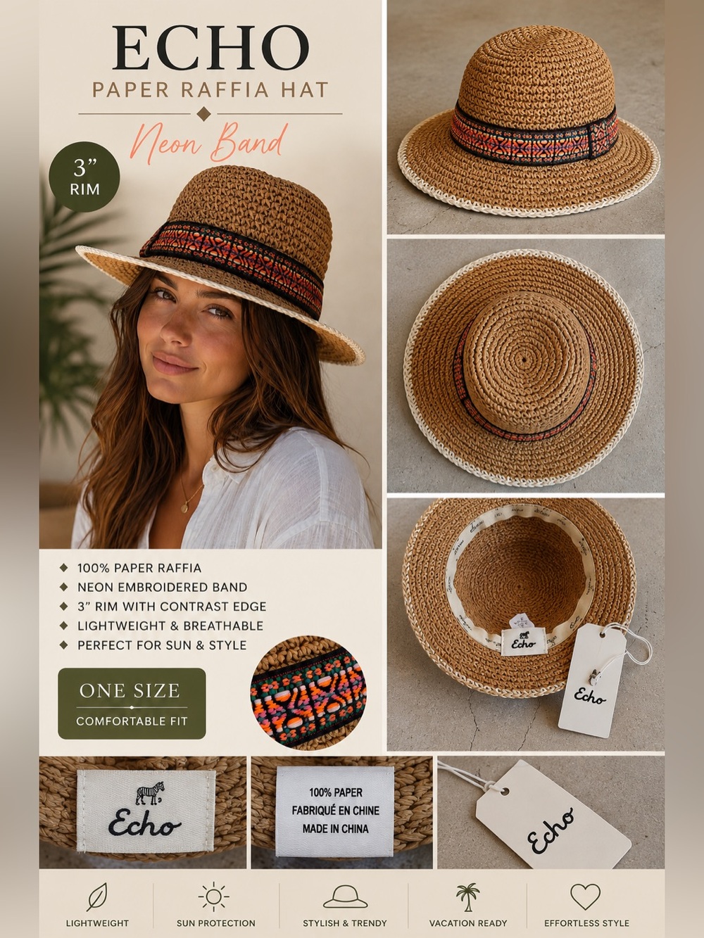 Echo Paper Raffia Sun Hat Neon Embroidered Band 3” Brim Boho Resort